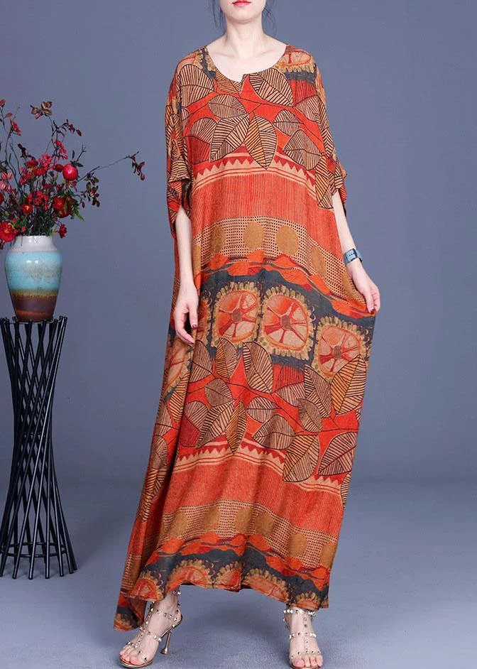 Natural Orange Print O-Neck Asymmetrical Design Summer Silk Maxi Dresses