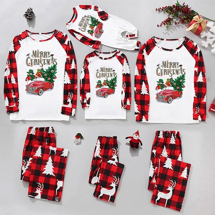 Matching Family Christmas Pajamas Sets with Truck Tree Plaid Holiday Sleepwear