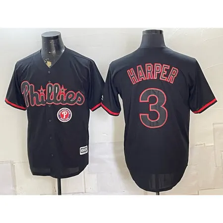 Men's Philadelphia Phillies #3 Bryce Harper Black Cool Base Stitched Baseball Jersey P8WI