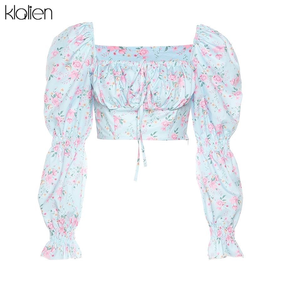 KLALIEN Spring Summer Fashion Elegant French Romantic Floral Puff Sleeve Square Collar Women Blouses New White Chiffon Shirt