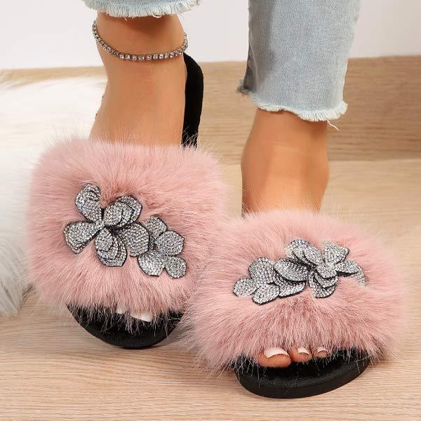 Women's Furry Rhinestone Faux Fur Slippers