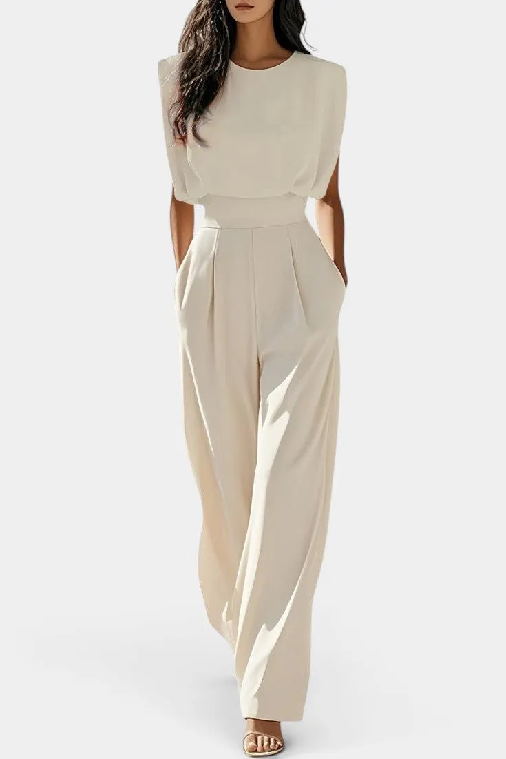 Wide-Leg Jumpsuit with Round Neck & Structured Shoulders