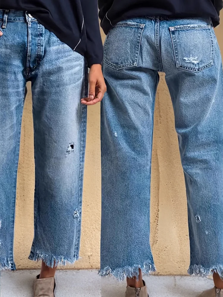 New European And American Women's Ripped Straight Jeans That Are Non-Elastic And Versatile