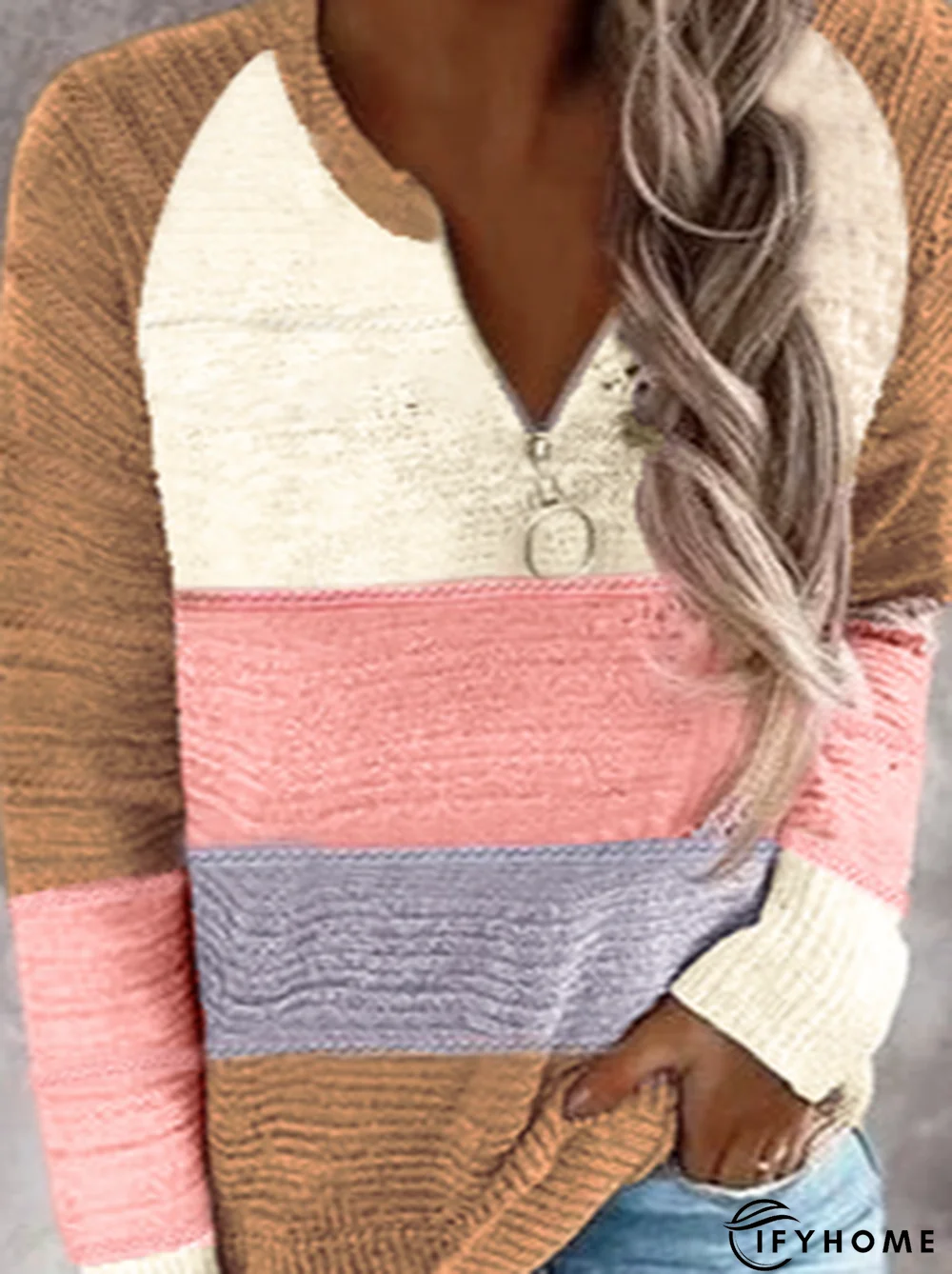 Color Blocking Long Sleeve Shift Casual Sweater with zipper | IFYHOME