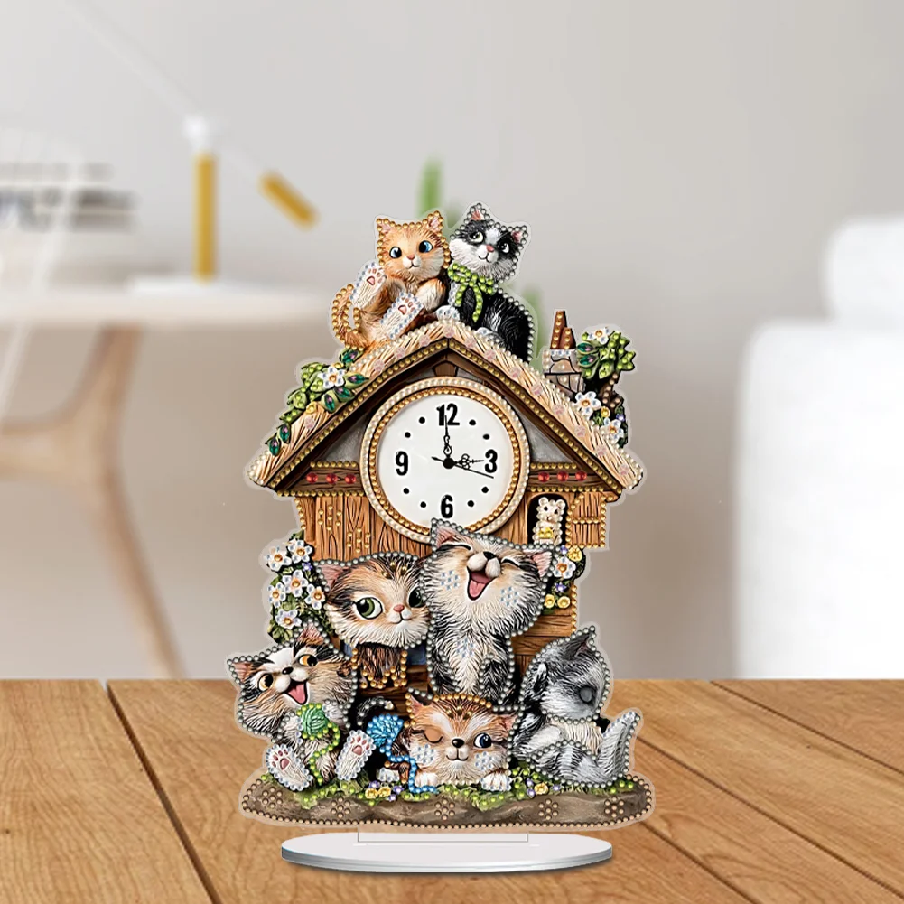 DIY Cat Hut Acrylic Special Shaped 5D Diamond Painting Clock Art Craft