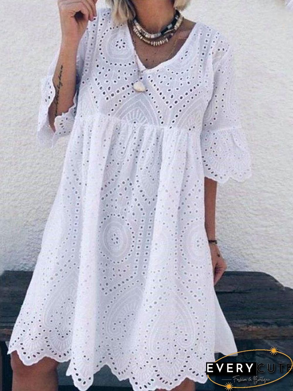 V-Neck Hollowed-Out Lace Women Midi Dress