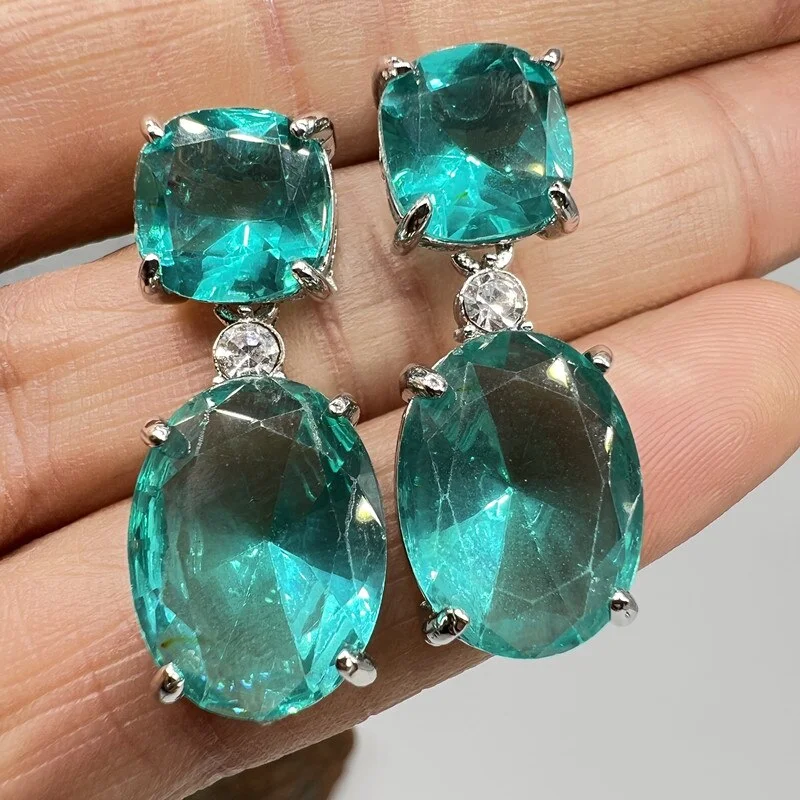 Luxury Square Blue Zircon Crystal Earrings Exquisite Fashion Silver Color Metal White Stone Engagement Wedding Dangle Earrings