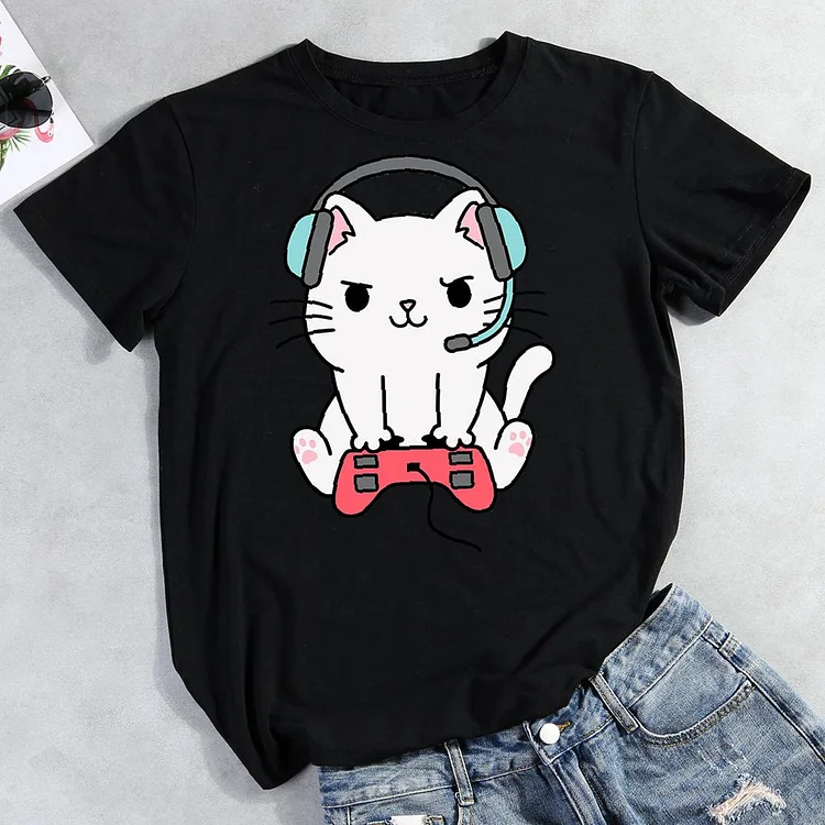 Gamer Cat Round Neck T-shirt-Annaletters