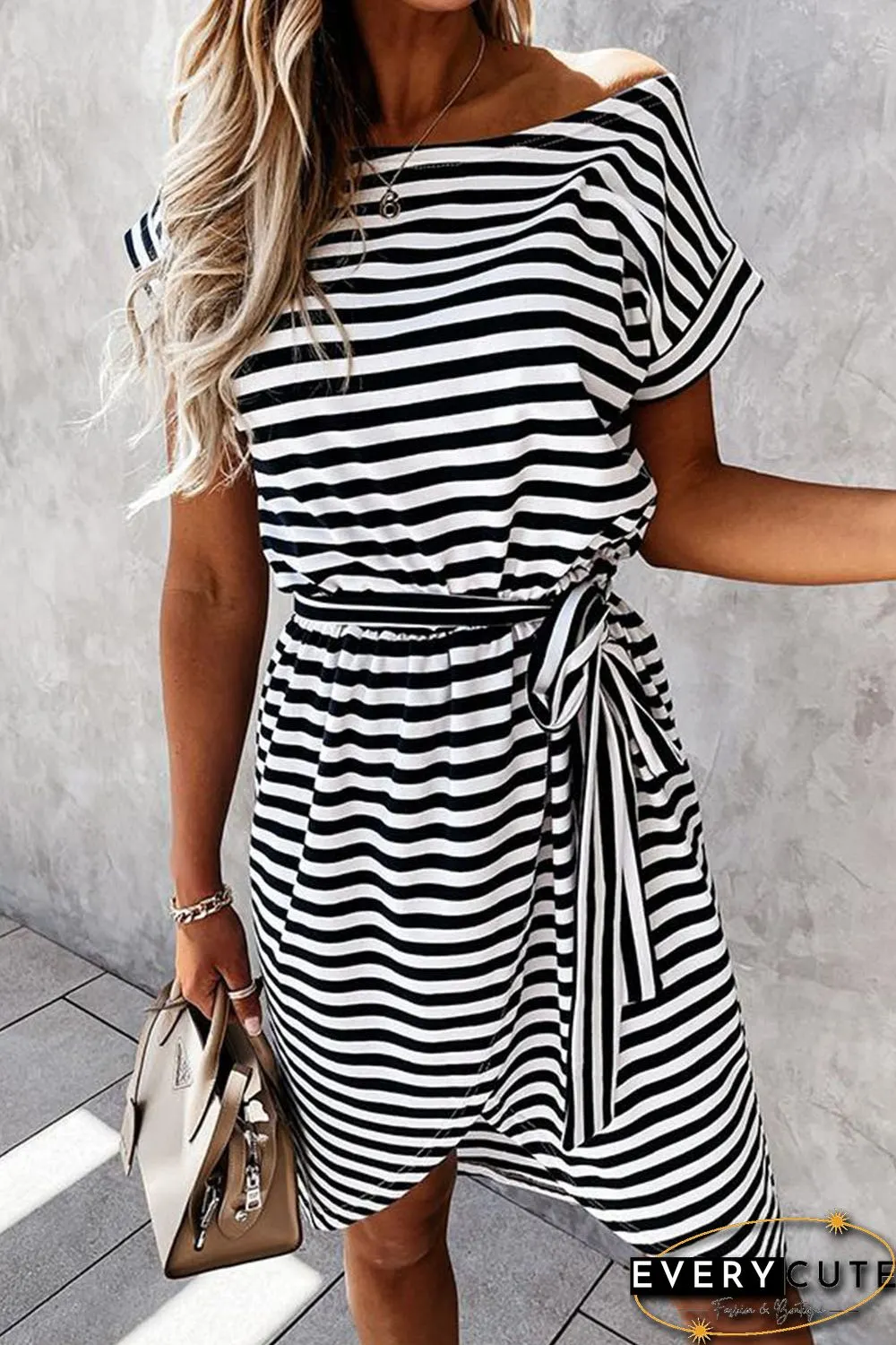 Black Stripe Short Sleeve Belted Wrapped Hemline T-Shirt Dress