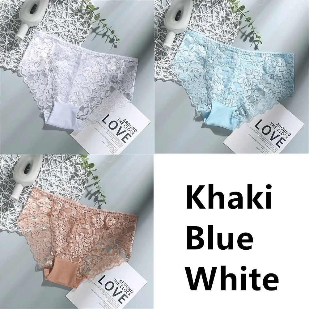3Pcs Sexy Low Waist Women's Underwear Lace Plus Size Seamless Panties Breathable Lingerie Female Briefs Solid Hollow Underpants