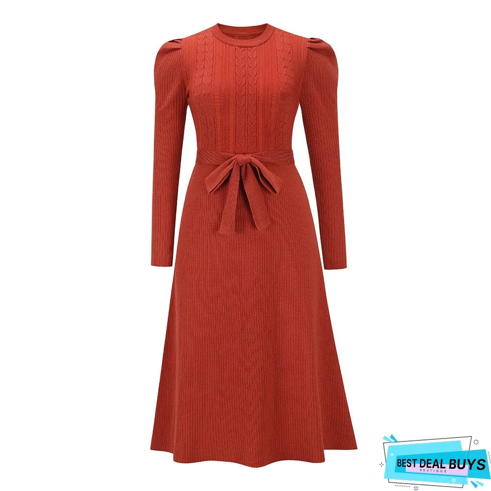 Bubble Long Sleeve Knitted Skirt Medium Long Wool Dress Black Dresses