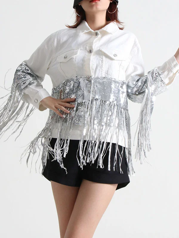 Casual Roomy Long Sleeves Buttoned Sequined Tasseled Split-Joint Shiny Lapel Collar Outerwear