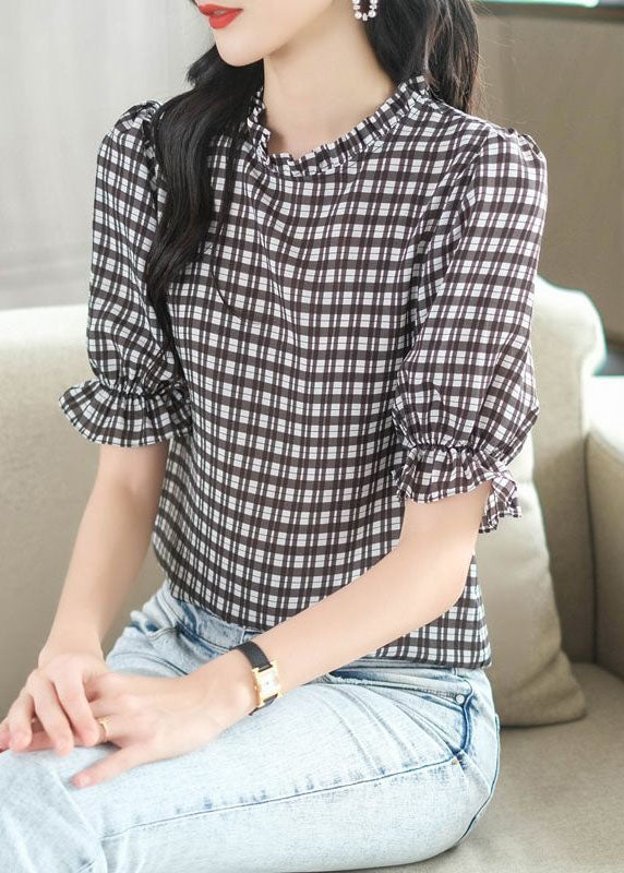 VCSHOES Plaid Ruffled Patchwork Chiffon Shirt Tops Summer