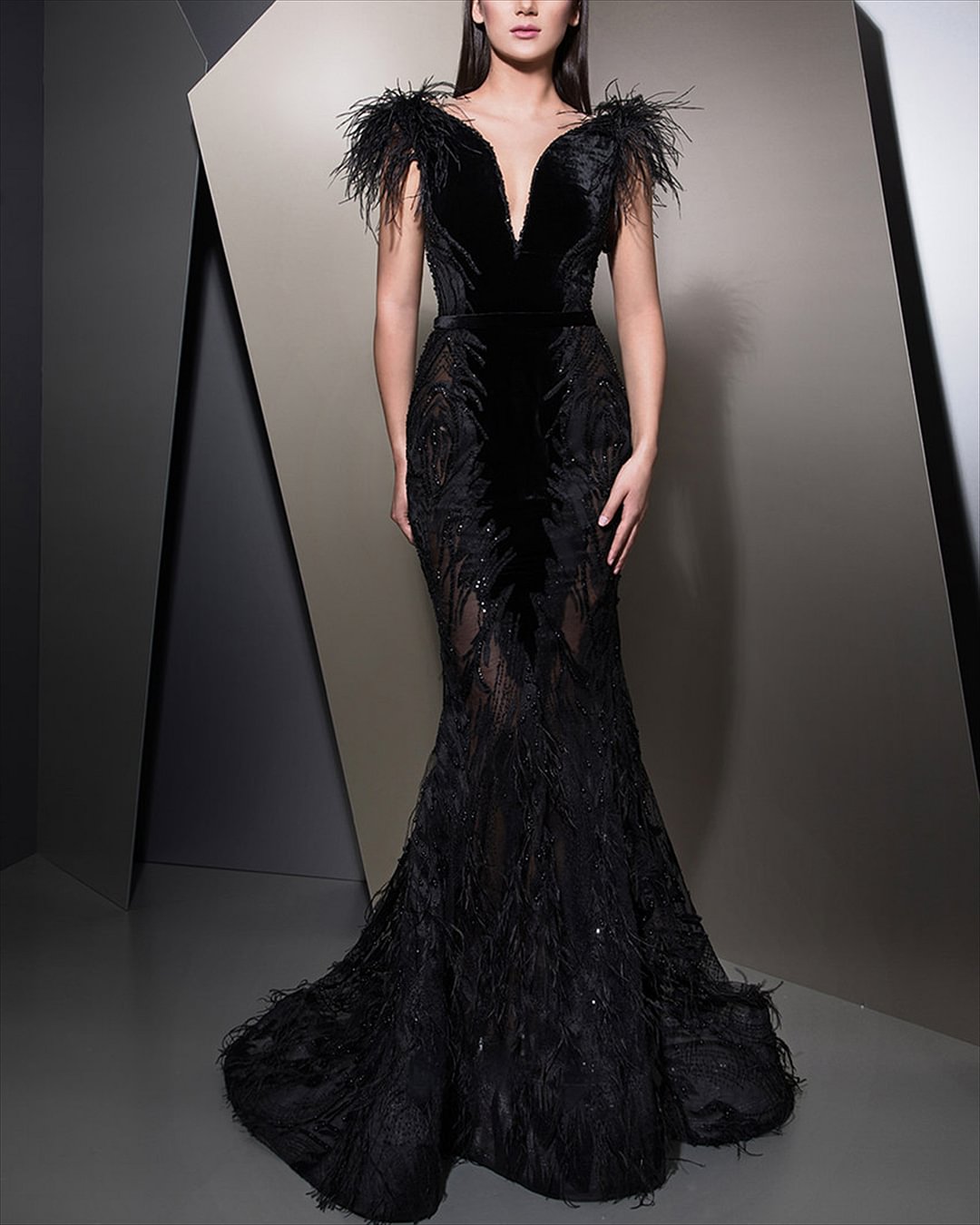 Fashion Sequin Feather Evening Dress