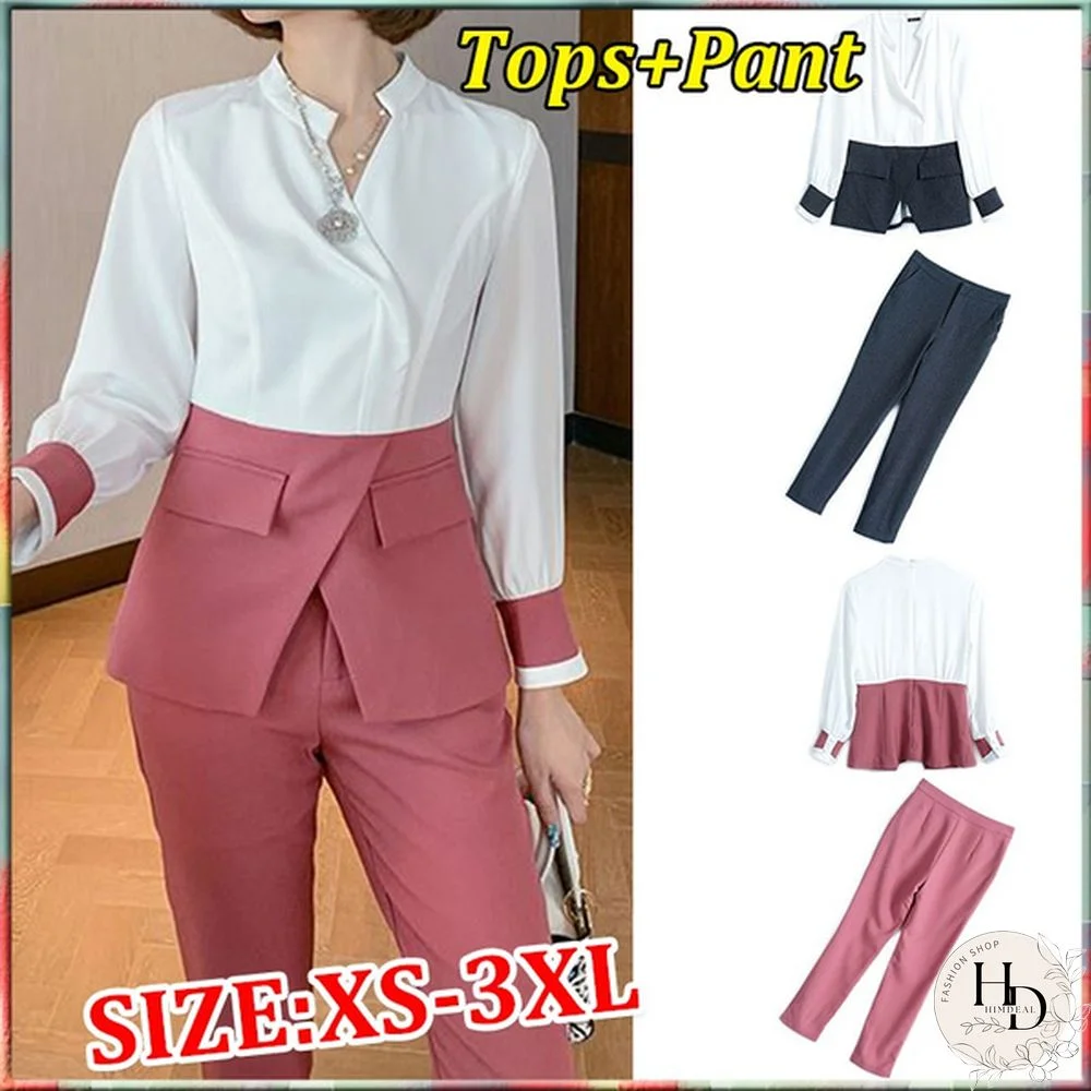 Autumn Suit Women Pants 2 Piece Set Elegant Office Lady Outfits Hit Color Blouse And Pants Fashion Sets