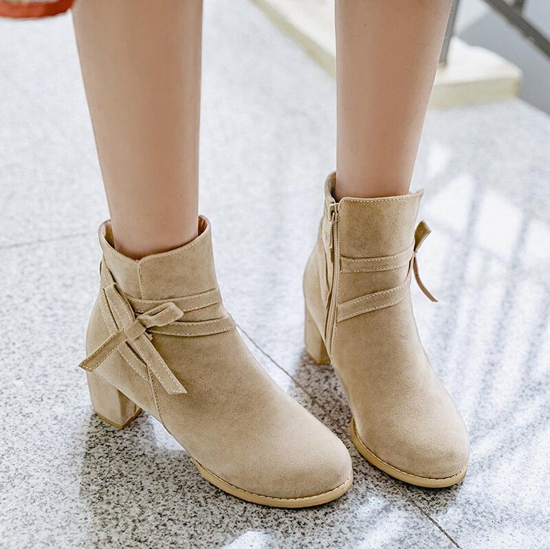 VCSHOES Bow Suede Low Chunky Heel Ankle Boots