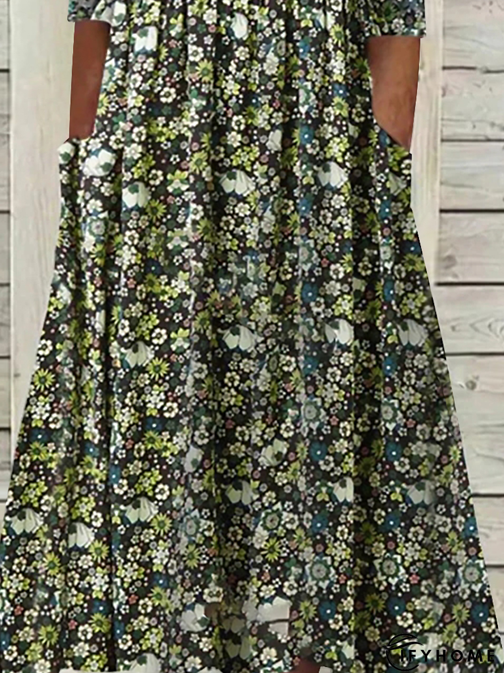 Casual Short Sleeve Woven V Neck Floral Midi Dress | IFYHOME