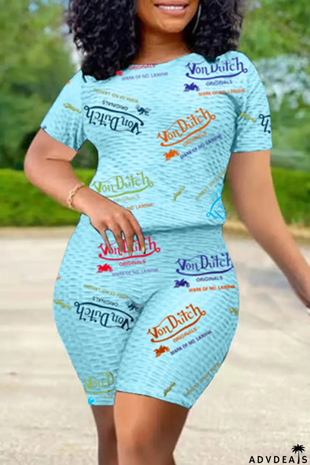 Light Blue Fashion Casual Letter Print Basic O Neck Short Sleeve Two Pieces