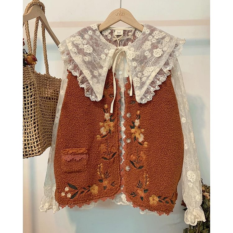 Queenfunky cottagecore style Cozycore Embroidered Fleece Vest QueenFunky