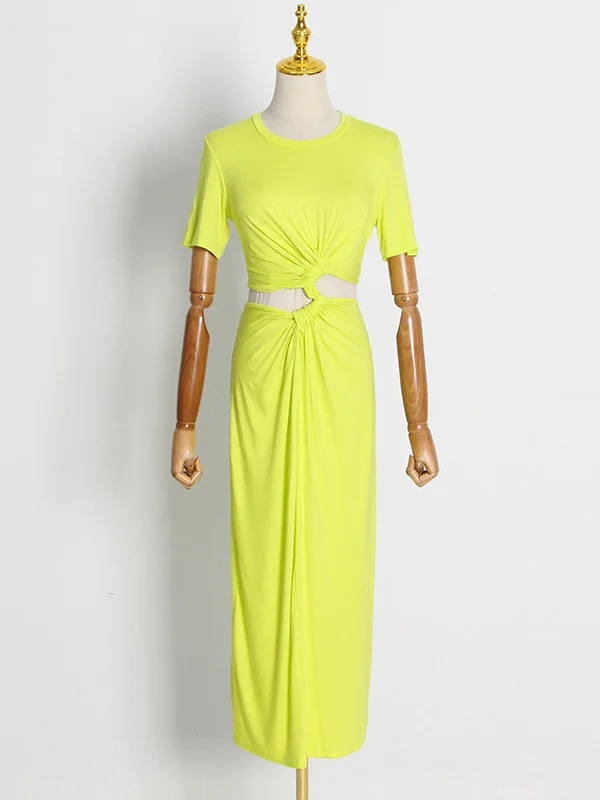 Leisure Fashion Short Sleeves Pleated Pure Color False Two Midi Dress