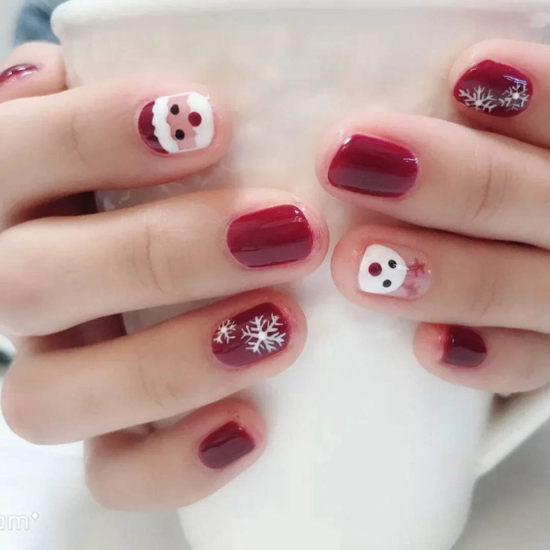 24Pcs Christmas Short Square Head False Nails with Snowman Elk Design Wearable Fake Nails Full Cover Nail Tips Press On Nails-Nail Inspo