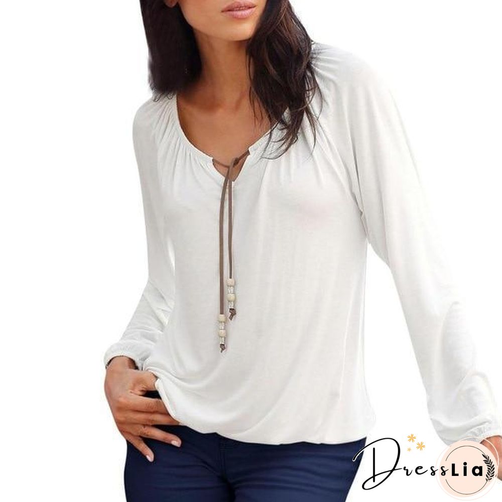 Women Solid Color V Neck Solid Tops Bowknot Long Sleeve Shirt Loose Comfort Blouse