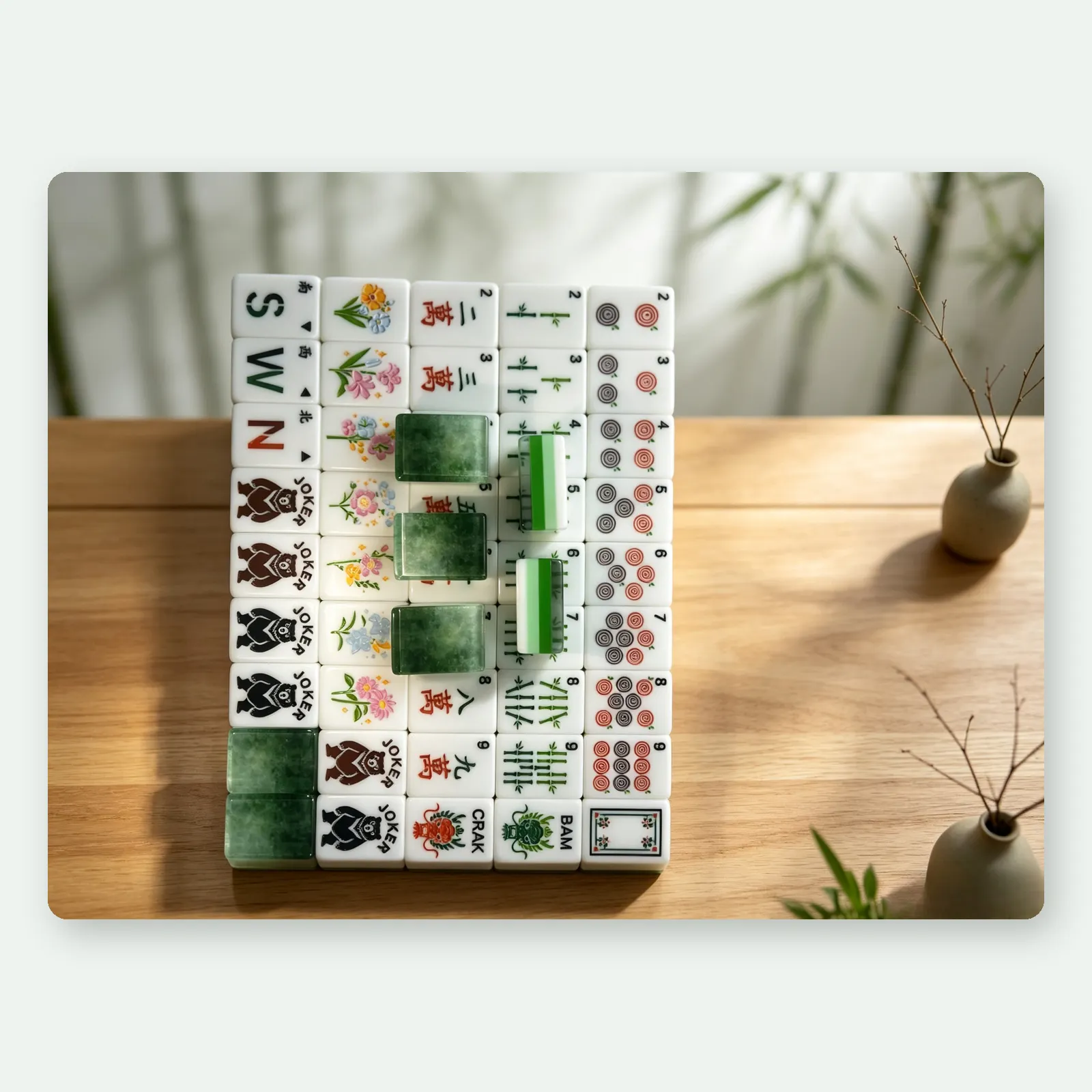Emerald Mist American Mahjong tiles in a styled setting