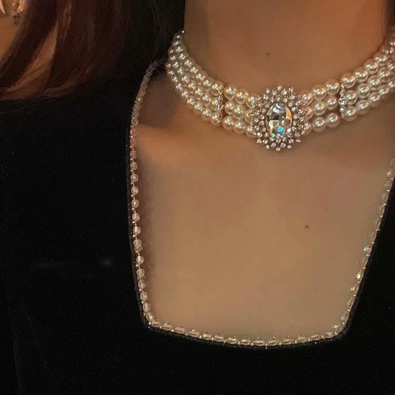 3 Layers Pearl Choker Necklace
