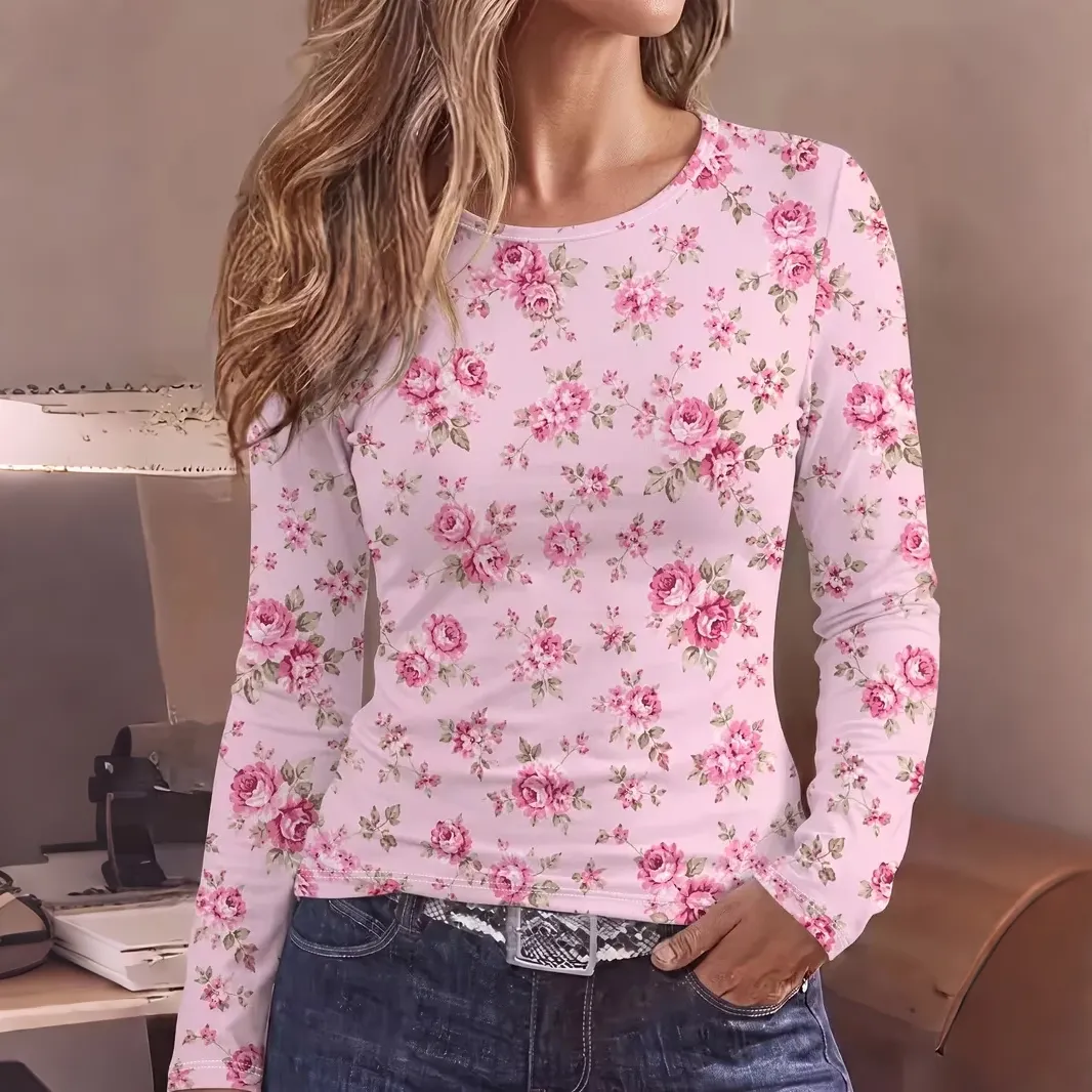 Comstylish Women's Vintage Floral Print Casual Long Sleeve T-shirts