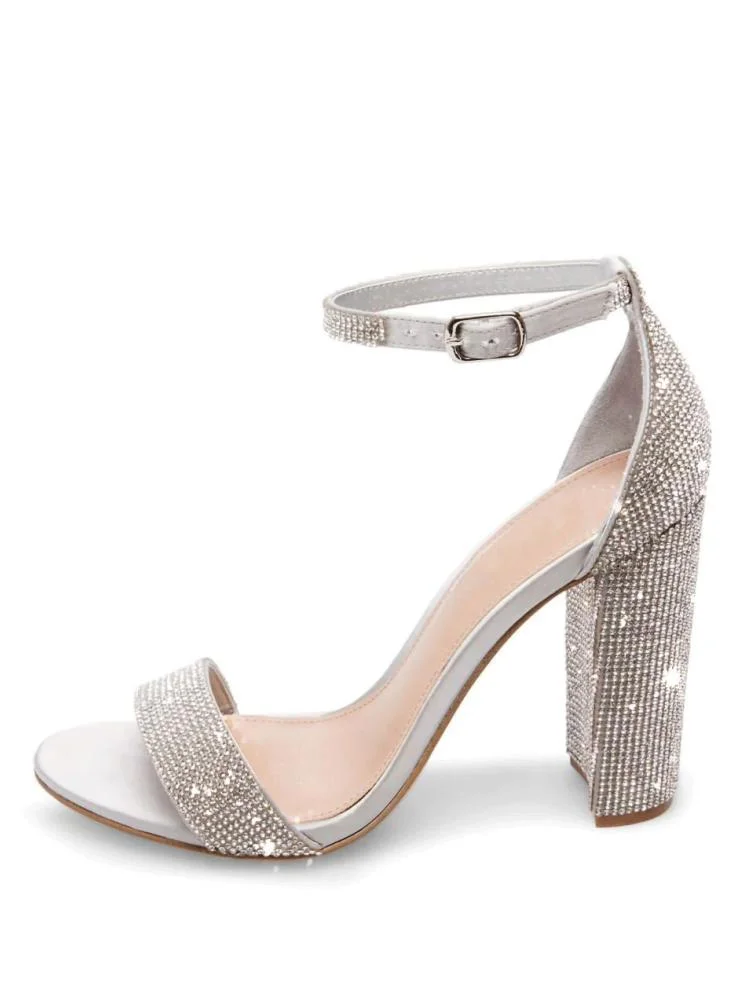 Silver Sparkly Crystals Almond Toe Ankle Strap Buckle Block Heel Sandals
