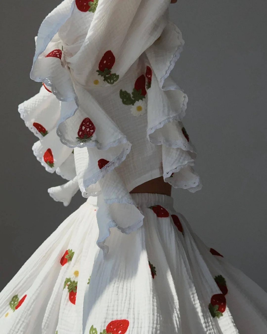Trendy Cotton Leaf Ruffle Strawberry Print Skirt Two-Piece Set