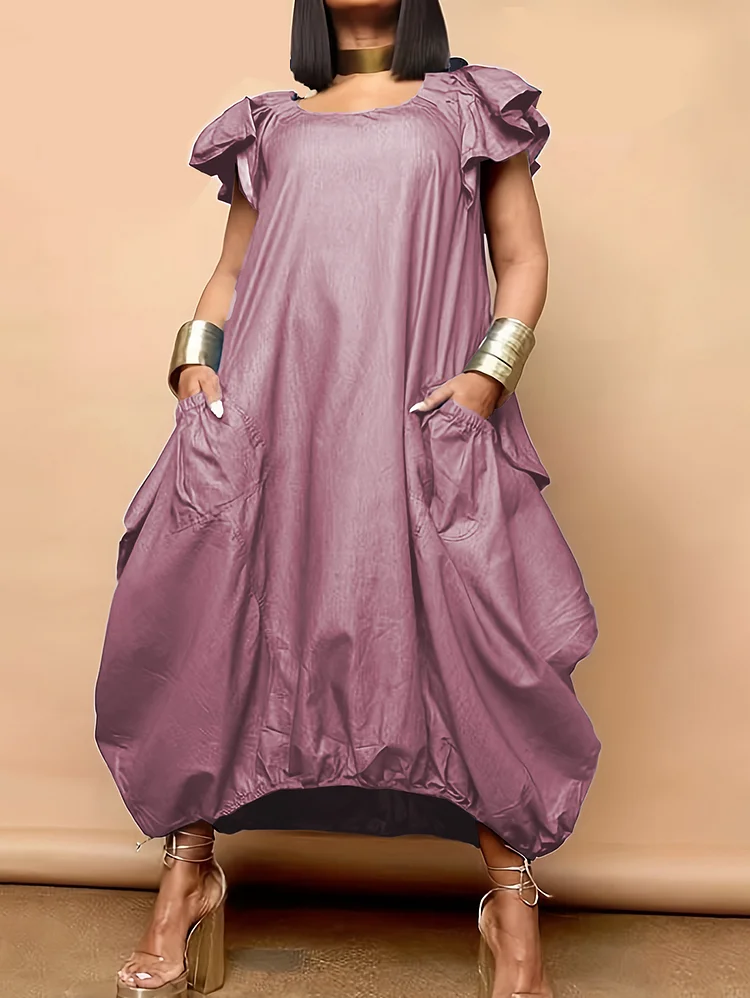 Fashion Solid Denim Pockets Crew Neck Ruffled Midi Dress