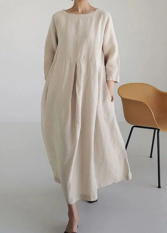 Women's Loose Round Neck Knee Length Cotton Linen Dress socialshop