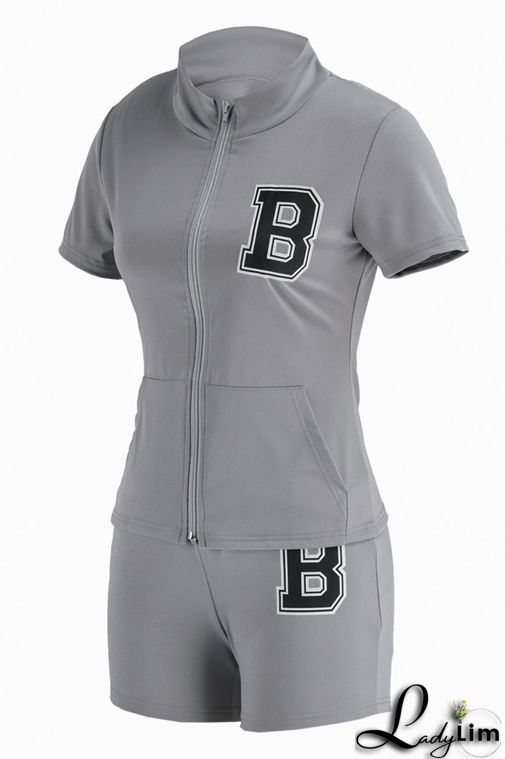 Peacock Blue Fashion Casual Letter Print Basic Zipper Collar Short Sleeve Two Pieces