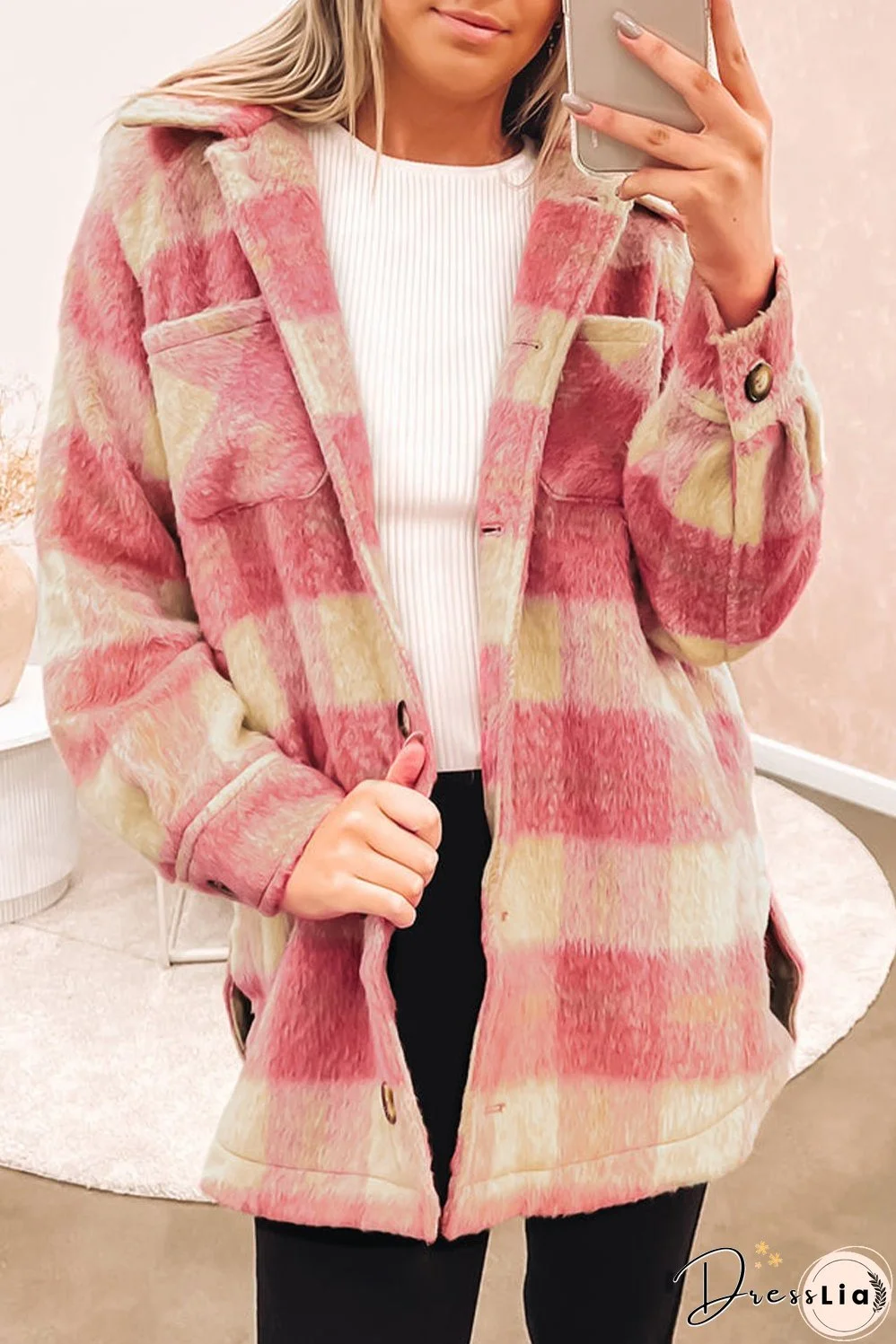 Pink and Cream Plaid Woolen Jacket