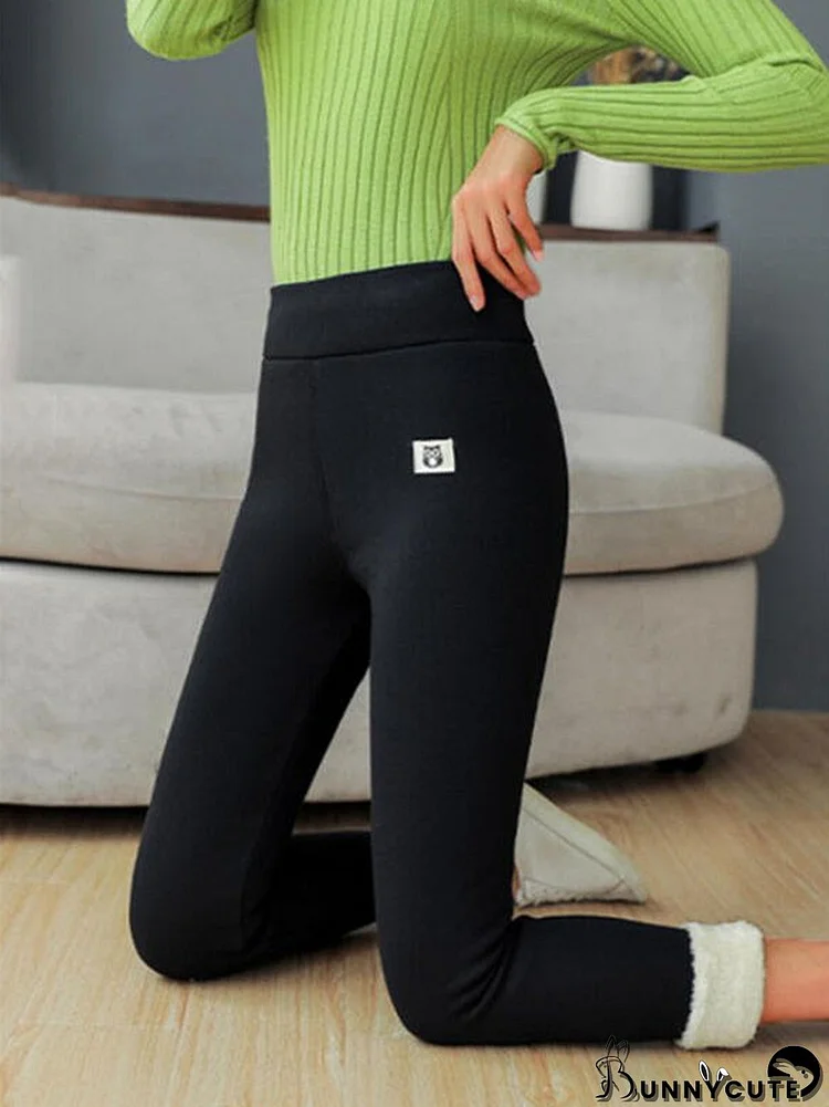 Elastic Waist Solid Basic Leggings With Coral Velvet