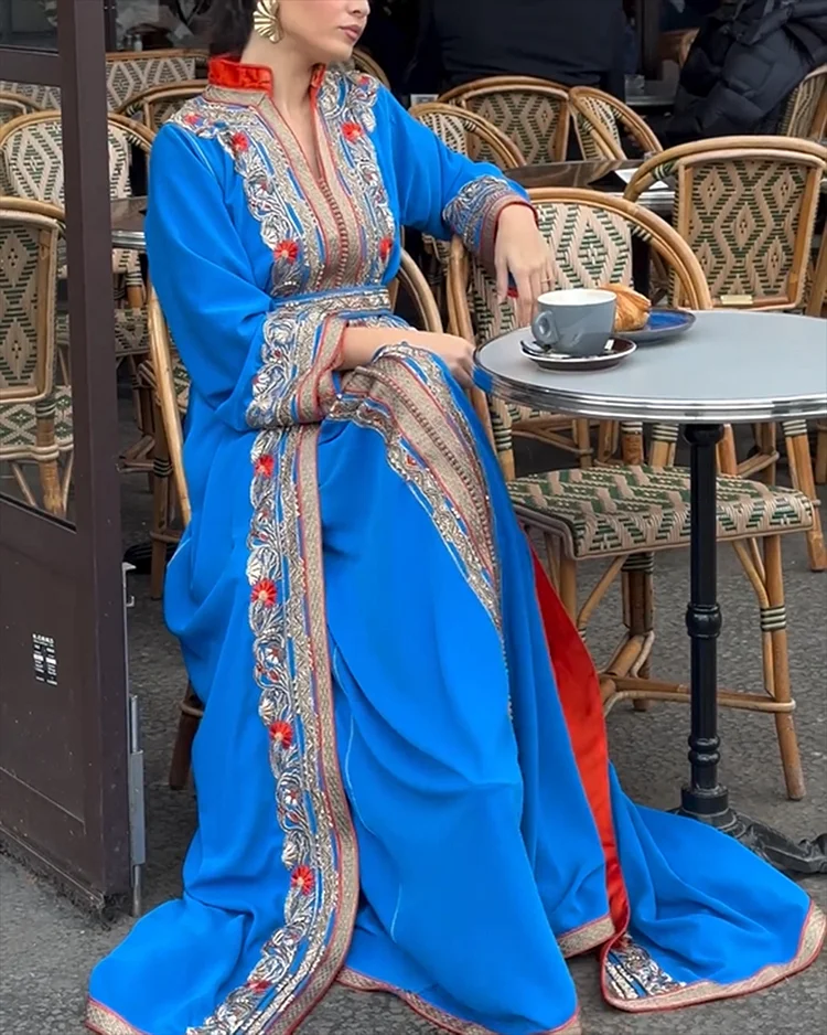 Women's V-Neck Long Sleeve Embroidered Kaftan Dress