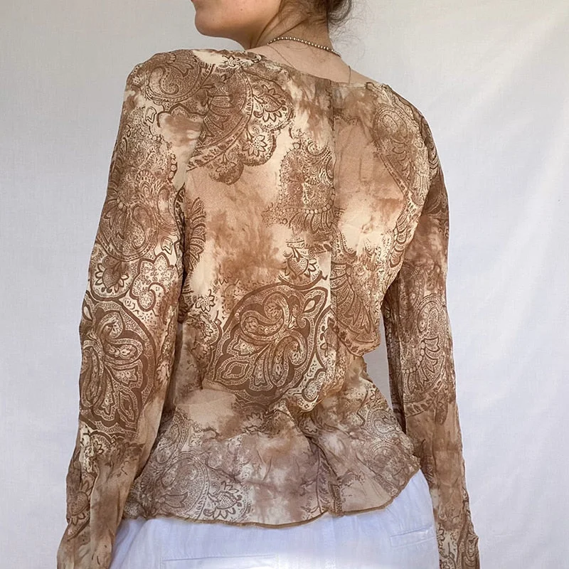 Billlnai Bold Shade Fairy Core Women Tops Lace Up V-neck Sexy Flare Sleeve Indie Fashion Vintage T-Shirts Autumn Floral Printing Tshirt
