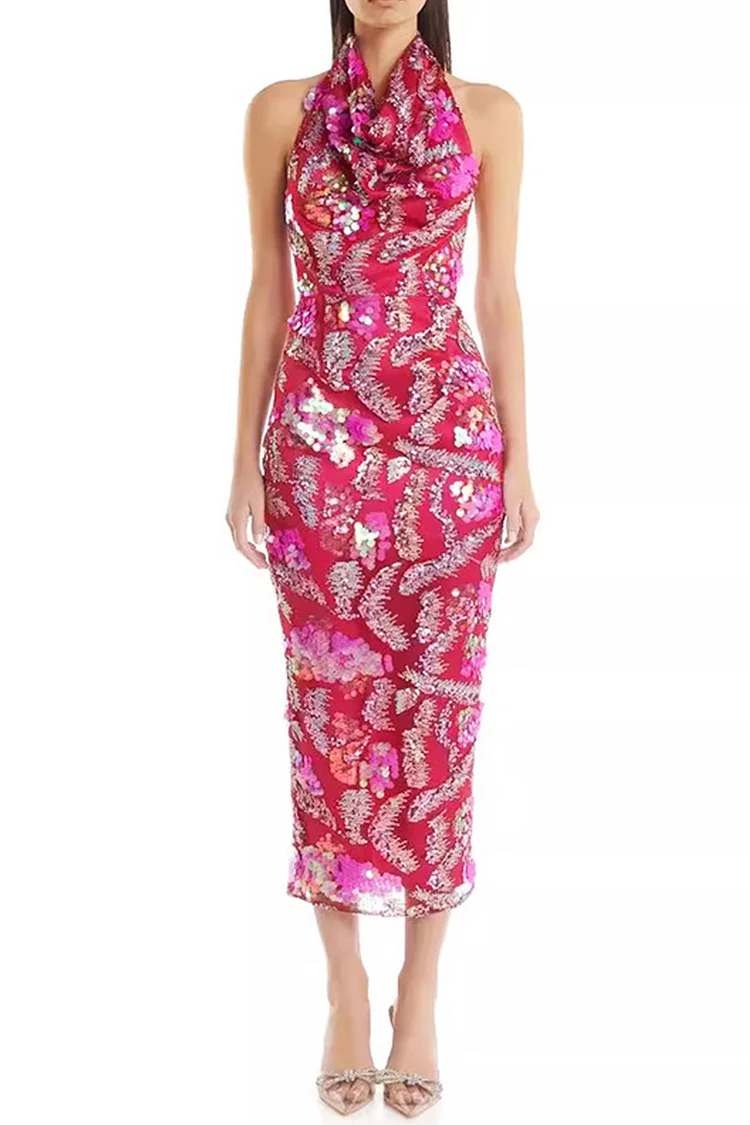 Mesh Sequin Cowl Neck Halter Midi Dress-Red