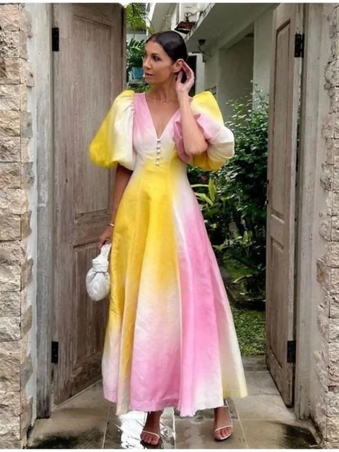 Colorful Rainbow V Neck Puff Sleeve Backless High Waist Fashion Party Maxi Dress
