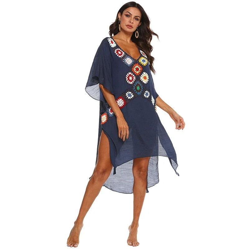 Fitshinling Handmade Crochet Summer Beach Dress Women's Swimwear 2021 Transparent Sexy Oversized Robe Irregular Bohemian Pareo