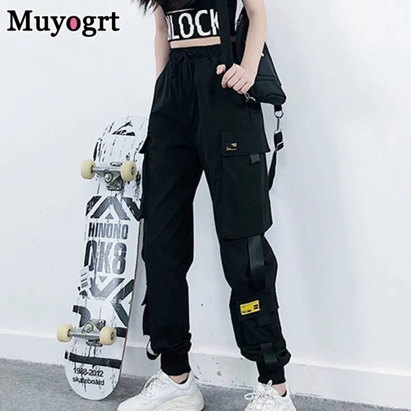 Muyogrt Women's Cargo Pants Black Ribbon Pocket Jogger Elastic Waist High Streetwear Harajuku Punk Females Trousers Harem Pants