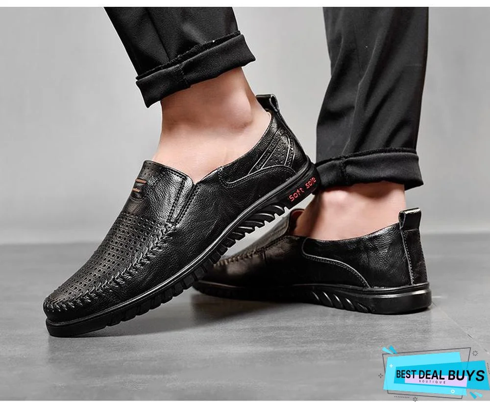New Openwork Men Black Loafer Perforated Shoes Leather Flats Driving Shoes Business Men's Shoes