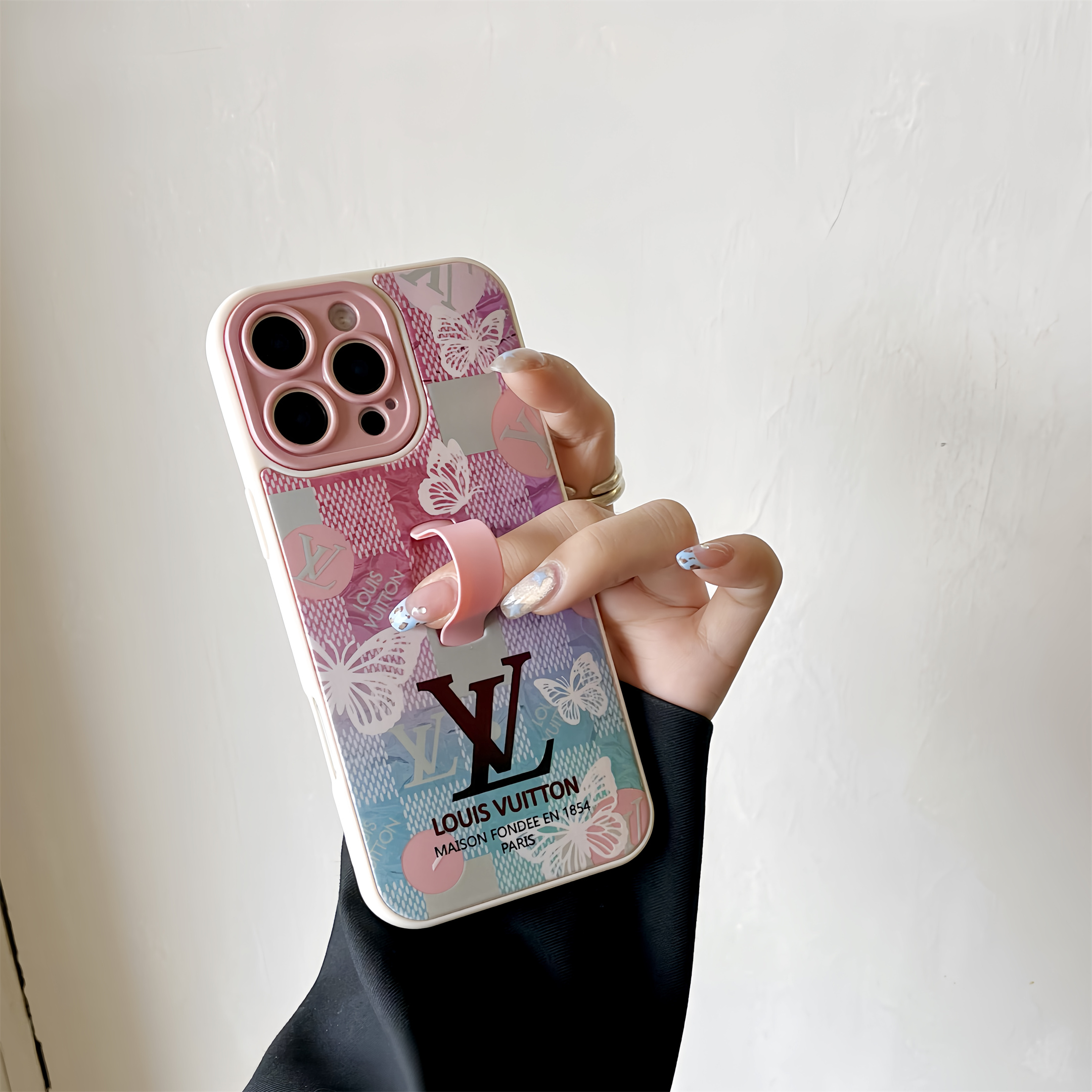 LV Monogram Checkerboard Elegant Butterfly Print Ring Buckle Apple iPhone Case