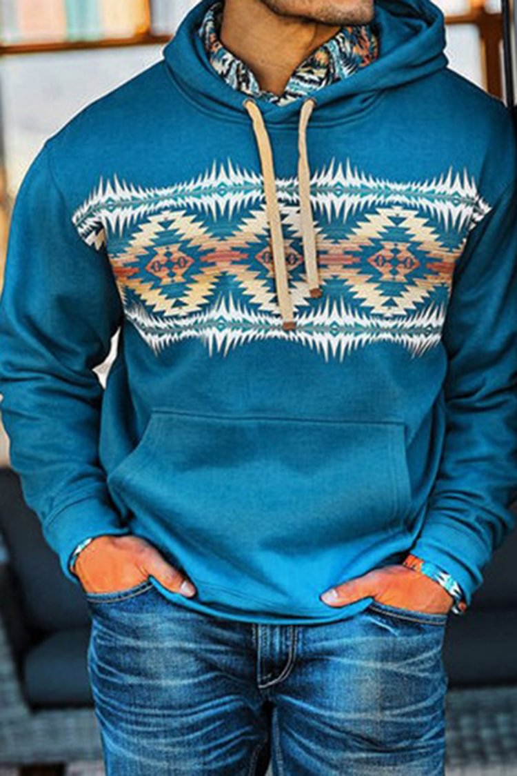 Men's Casual Western Tribal Print Patchwork Hoodie
