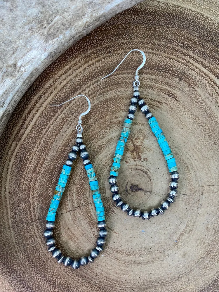 Fletcher Turquoise Cylinder Teardrop Earrings With Stamped & Varied Navajo Pearls - 3.5"
