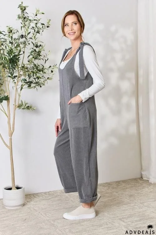 Celeste Full Size Ribbed Tie Shoulder Sleeveless Ankle Overalls