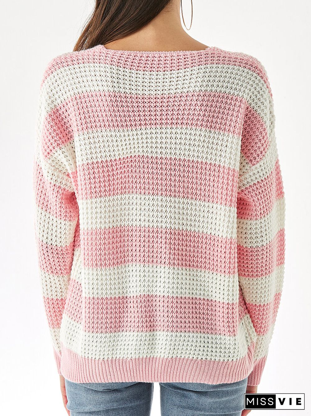 Contrast Color Striped Print Knitted Long Sleeve Casual Sweater for Women