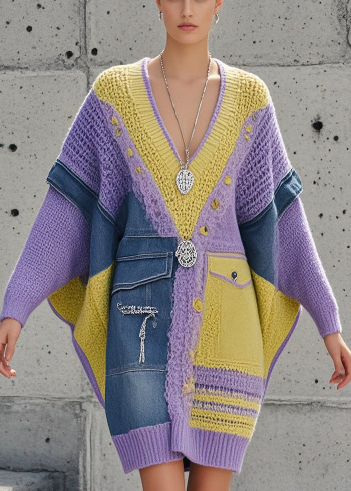 VCSHOES Purple Asymmetrical Patchwork Denim Long Sweater Batwing Sleeve