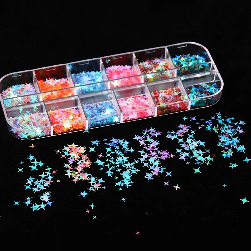 12 Grids Colorful Flourescent Nail Sequins Hollow Circle Sequins Neon Round Nail Art Glitter Flakes Butterfly 3D Slice Tips-Nail Inspo